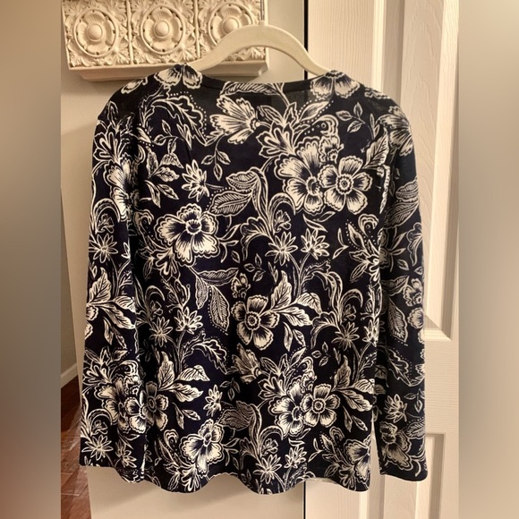 Garnet Hill Signature Eco Merino Wool Floral Cardigan Size L Button Down Fitted - Picture 5 of 7